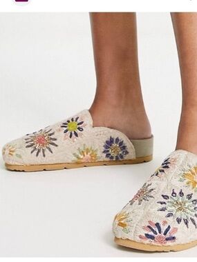 New Free People Crochet Damon Mule Size 7.5-8 Cream Fabric Embroidered Boho